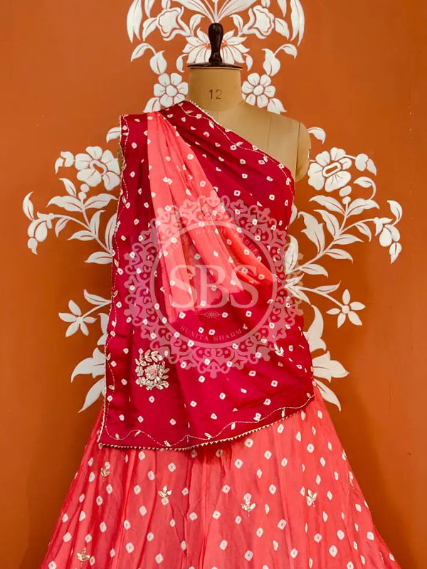 CHINON HANDWORK BHANDEJ LEHENGA Red & Pink / Free Size