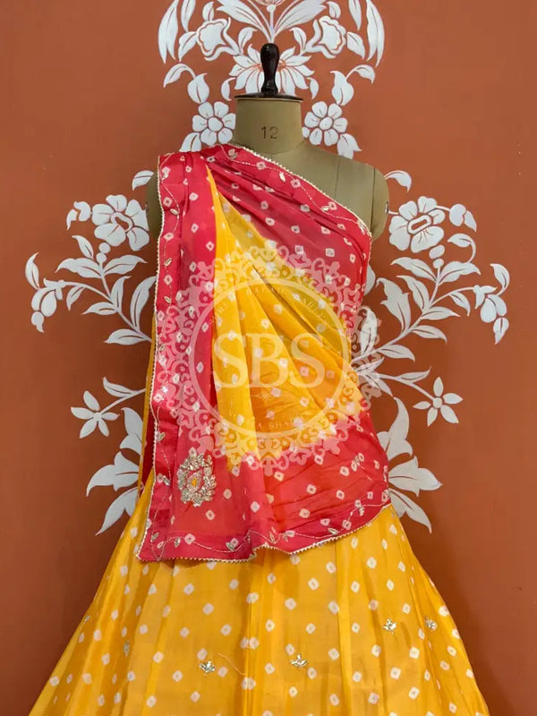 CHINON HANDWORK BHANDEJ LEHENGA Yellow & Pink / Free Size