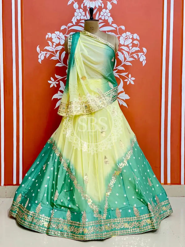 CHINON HANDWORK KACHI PATTI LEHENGA Green-Yellow / Free Size
