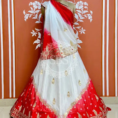 CHINON HANDWORK KACHI PATTI LEHENGA White-Red / Free Size