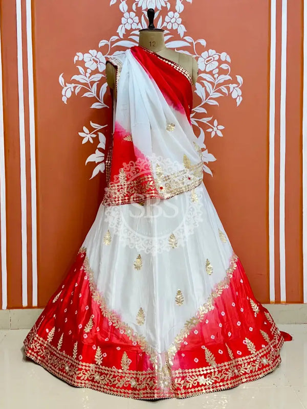 CHINON HANDWORK KACHI PATTI LEHENGA White-Red / Free Size