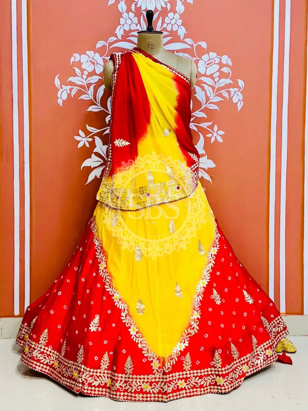 CHINON HANDWORK KACHI PATTI LEHENGA Yellow-Red / Free Size
