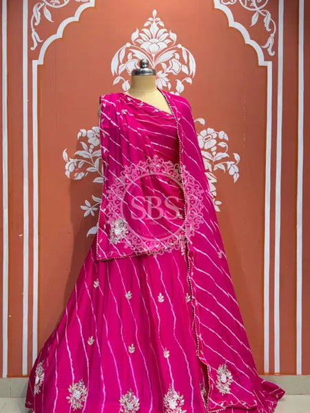 CHINON HANDWORK LEHERIYA LEHENGA Dark Pink / Free Size