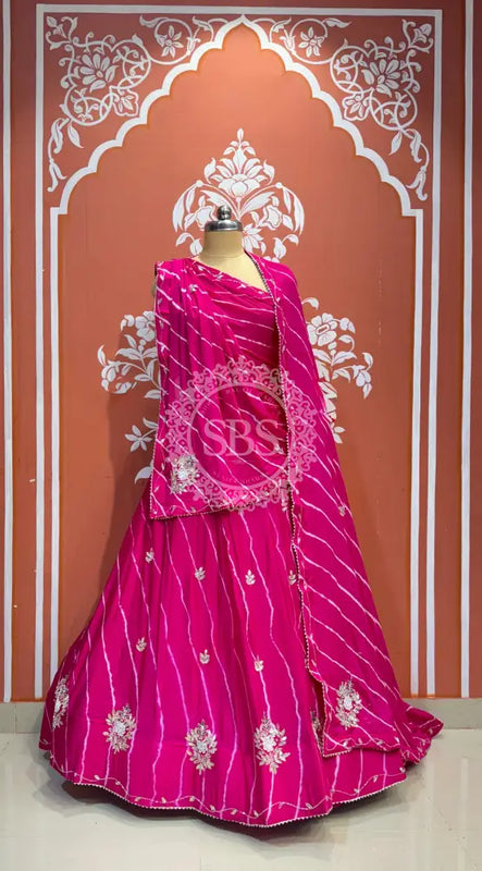 CHINON HANDWORK LEHERIYA LEHENGA Dark Pink / Free Size