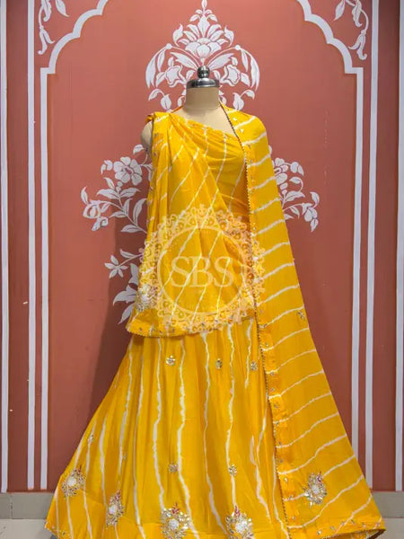 CHINON HANDWORK LEHERIYA LEHENGA Yellow / Free Size