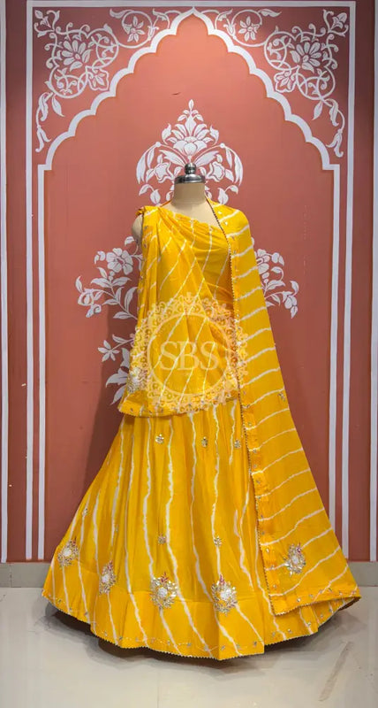 CHINON HANDWORK LEHERIYA LEHENGA Yellow / Free Size