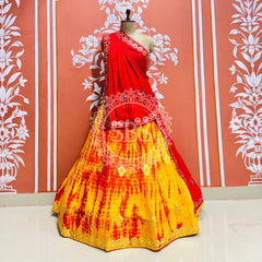 CHINON SHIBORI HANDWORK GOTA PATTI LEHENGA Red & Yellow / Free Size
