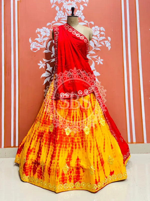 CHINON SHIBORI HANDWORK GOTA PATTI LEHENGA Red & Yellow / Free Size