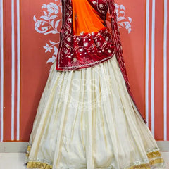 COSMOS TISSUE LEHENGA KACHI PATTI PELIYA DUPATTA Cream & Rust-Red / Free Size