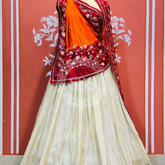 COSMOS TISSUE LEHENGA KACHI PATTI PELIYA DUPATTA Cream & Rust-Red / Free Size