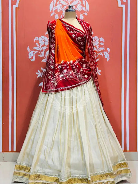 COSMOS TISSUE LEHENGA KACHI PATTI PELIYA DUPATTA Cream & Rust-Red / Free Size
