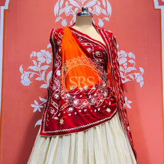 COSMOS TISSUE LEHENGA KACHI PATTI PELIYA DUPATTA Cream & Rust-Red / Free Size