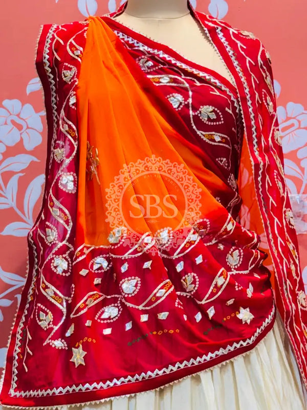 COSMOS TISSUE LEHENGA KACHI PATTI PELIYA DUPATTA Cream & Rust-Red / Free Size