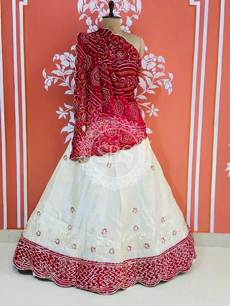 COSMOS TISSUE PURE BHANDEJ GEORGETTE DUPATTA LEHENGA Maroon & White / Free Size