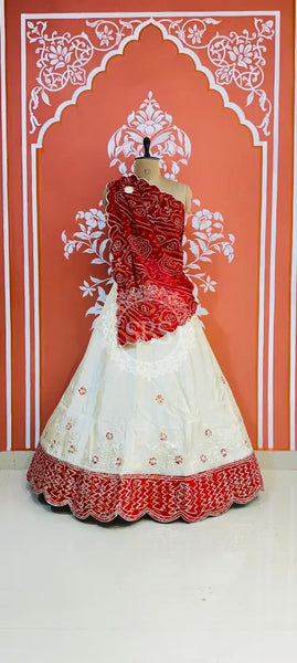 COSMOS TISSUE PURE BHANDEJ GEORGETTE DUPATTA LEHENGA Red & White / Free Size