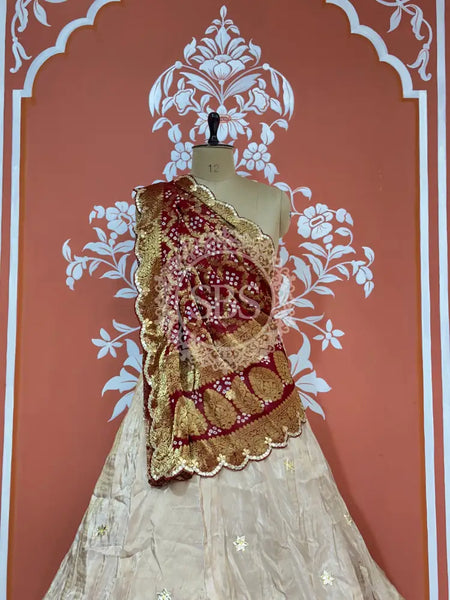 COSMOS TISSUE PURE GHATCHOLA GEORGETTE DUPATTA LEHENGA White & Maroon / Free Size