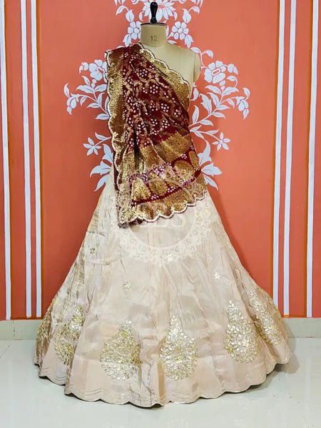 COSMOS TISSUE PURE GHATCHOLA GEORGETTE DUPATTA LEHENGA White & Maroon / Free Size