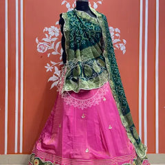 COSMOS TISSUE SILK LEHENGA WITH GHATCHOLA DUPATTA Green & Pink / Free Size