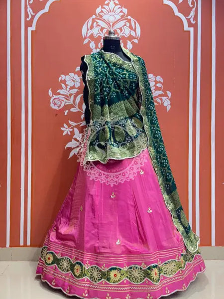 COSMOS TISSUE SILK LEHENGA WITH GHATCHOLA DUPATTA Green & Pink / Free Size