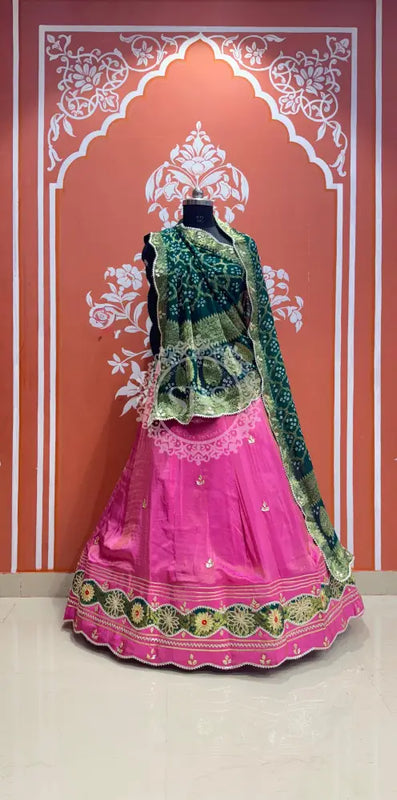 COSMOS TISSUE SILK LEHENGA WITH GHATCHOLA DUPATTA Green & Pink / Free Size