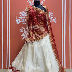 COSMOS TISSUE SILK LEHENGA WITH GHATCHOLA DUPATTA Maroon & White / Free Size