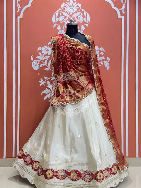 COSMOS TISSUE SILK LEHENGA WITH GHATCHOLA DUPATTA Maroon & White / Free Size