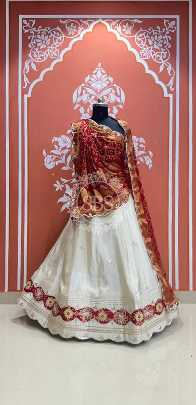 COSMOS TISSUE SILK LEHENGA WITH GHATCHOLA DUPATTA Maroon & White / Free Size
