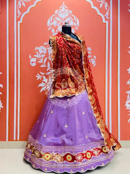 COSMOS TISSUE SILK LEHENGA WITH GHATCHOLA DUPATTA Purple & Red / Free Size
