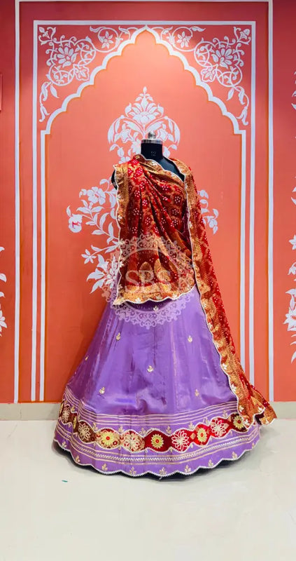 COSMOS TISSUE SILK LEHENGA WITH GHATCHOLA DUPATTA Purple & Red / Free Size