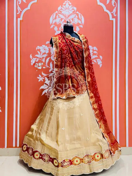 COSMOS TISSUE SILK LEHENGA WITH GHATCHOLA DUPATTA Red & Beige / Free Size