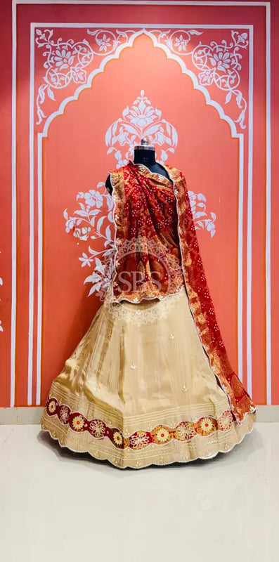 COSMOS TISSUE SILK LEHENGA WITH GHATCHOLA DUPATTA Red & Beige / Free Size