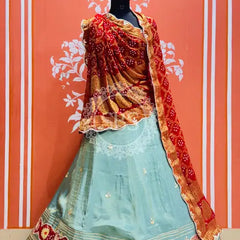 COSMOS TISSUE SILK LEHENGA WITH GHATCHOLA DUPATTA Red & Sky Blue / Free Size