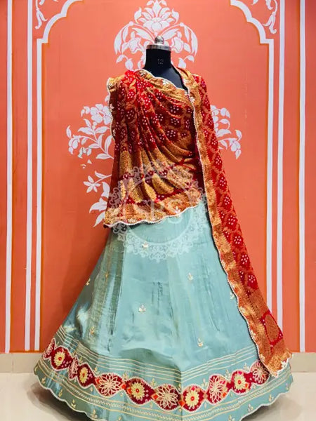 COSMOS TISSUE SILK LEHENGA WITH GHATCHOLA DUPATTA Red & Sky Blue / Free Size