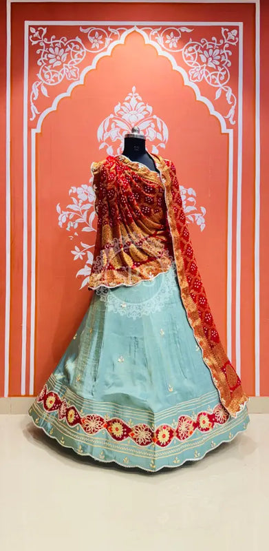COSMOS TISSUE SILK LEHENGA WITH GHATCHOLA DUPATTA Red & Sky Blue / Free Size
