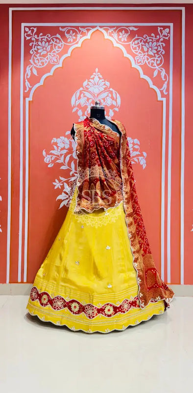 COSMOS TISSUE SILK LEHENGA WITH GHATCHOLA DUPATTA Red & Yellow / Free Size