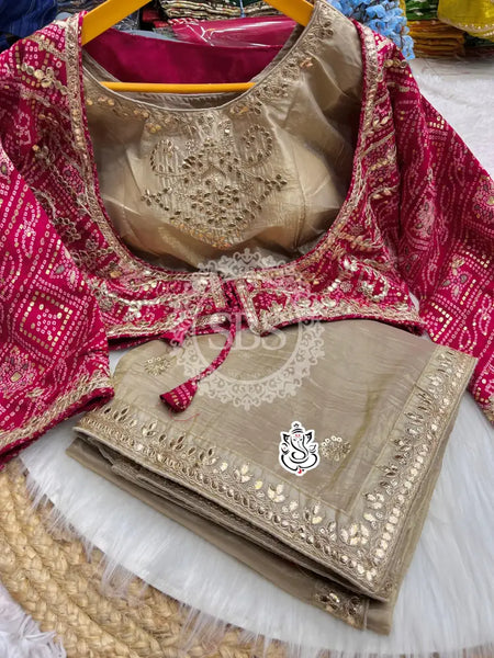 CRUSH GOLD SAREE WITH READY TO WEAR BLOUSE Gold / Free Size