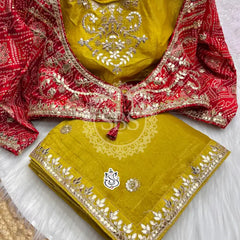 CRUSH GOLD SAREE WITH READY TO WEAR BLOUSE Mustard / Free Size