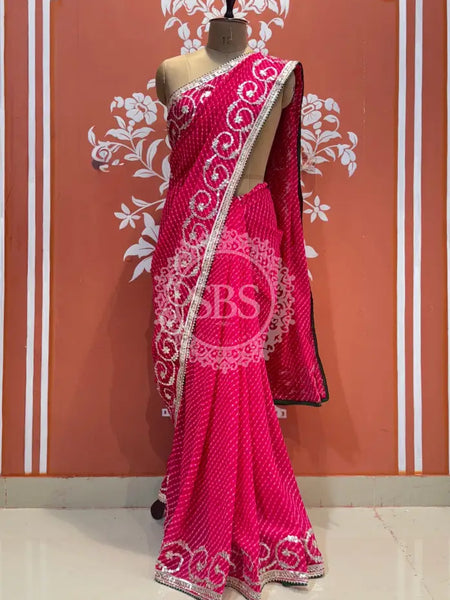 CXC GEORGETTE MOTHRA LEHERIYA GOTA PATTI SAREE Pink / Free Size