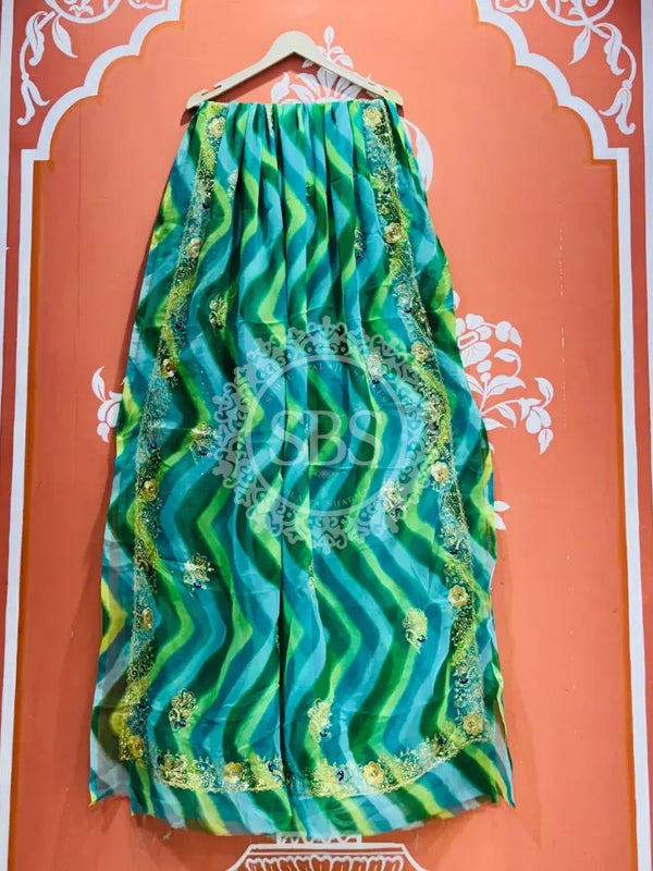 DARBARI GEORGETTE LEHERIYA SAREE Green & Blue / Free Size