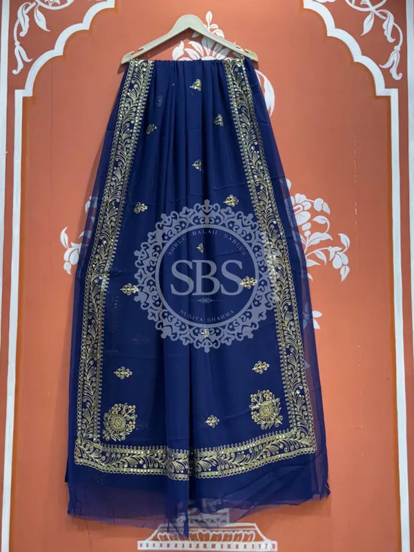DARBARI GEORGETTE LEHERIYA SAREE Navy Blue / Free Size