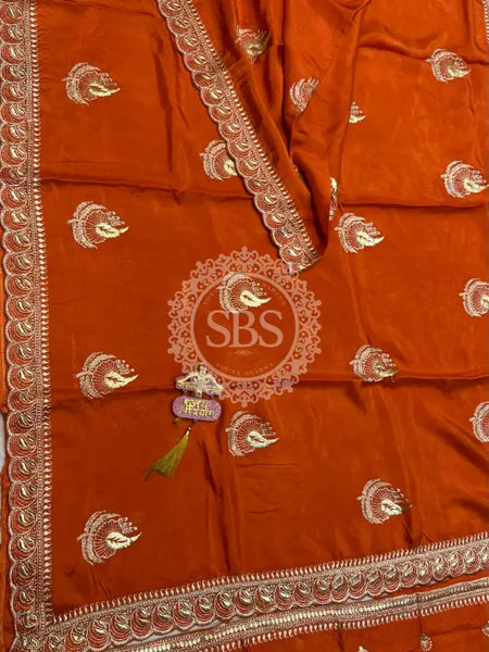 Elegant Pure Silk Handcrafted Saree with Traditional Gota Work Border Orange / Free Size