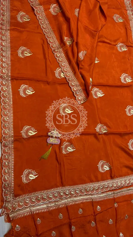 Elegant Pure Silk Handcrafted Saree with Traditional Gota Work Border Orange / Free Size