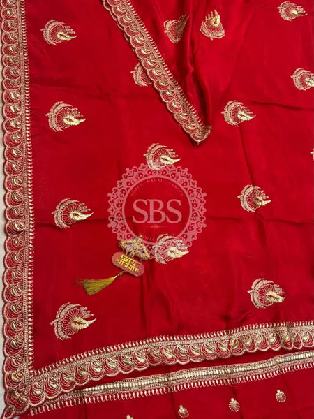 Elegant Pure Silk Handcrafted Saree with Traditional Gota Work Border Red / Free Size