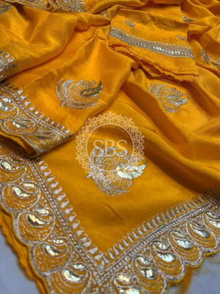 Elegant Pure Silk Handcrafted Saree with Traditional Gota Work Border Yellow / Free Size