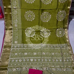 ELEPHANT ZARI BHANDEJ SAREE OLIVE