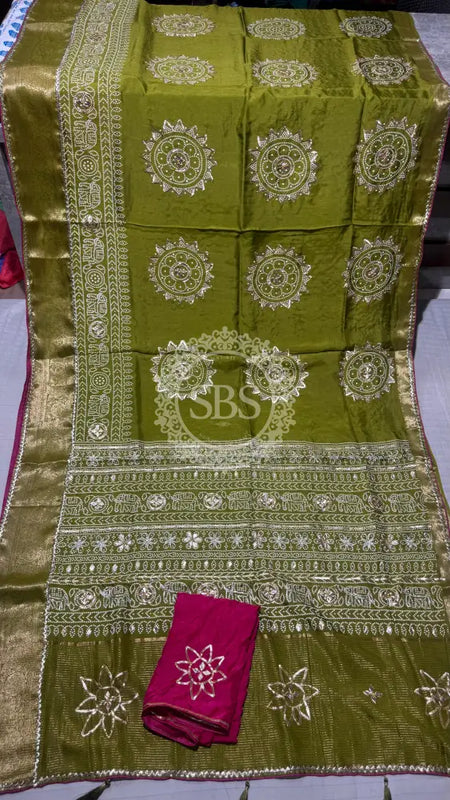 ELEPHANT ZARI BHANDEJ SAREE OLIVE