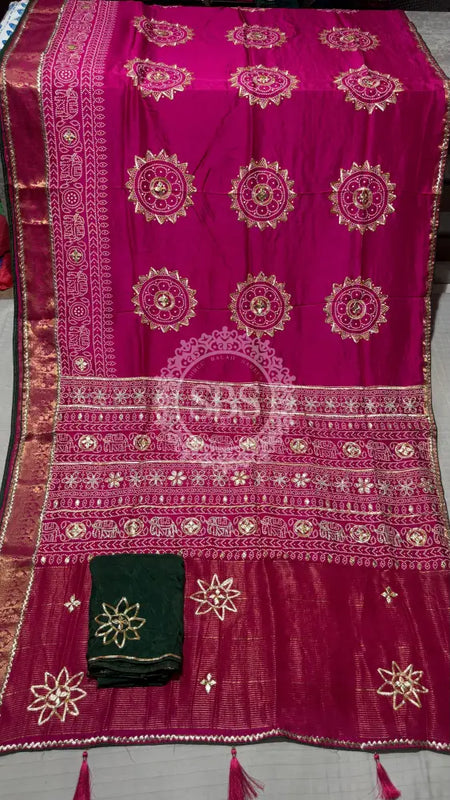 ELEPHANT ZARI BHANDEJ SAREE Rani Pink