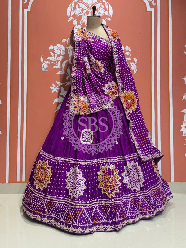 GAZI SILK BHANDEJ LEHENGA Purple / Free Size