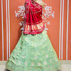 GAZI SILK COSMOS TISSUE GOTA PATTI ZARDOZI LEHENGA Red & Green / Free Size