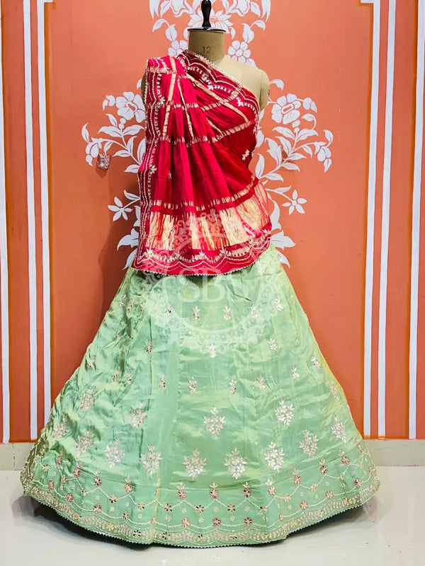 GAZI SILK COSMOS TISSUE GOTA PATTI ZARDOZI LEHENGA Red & Green / Free Size